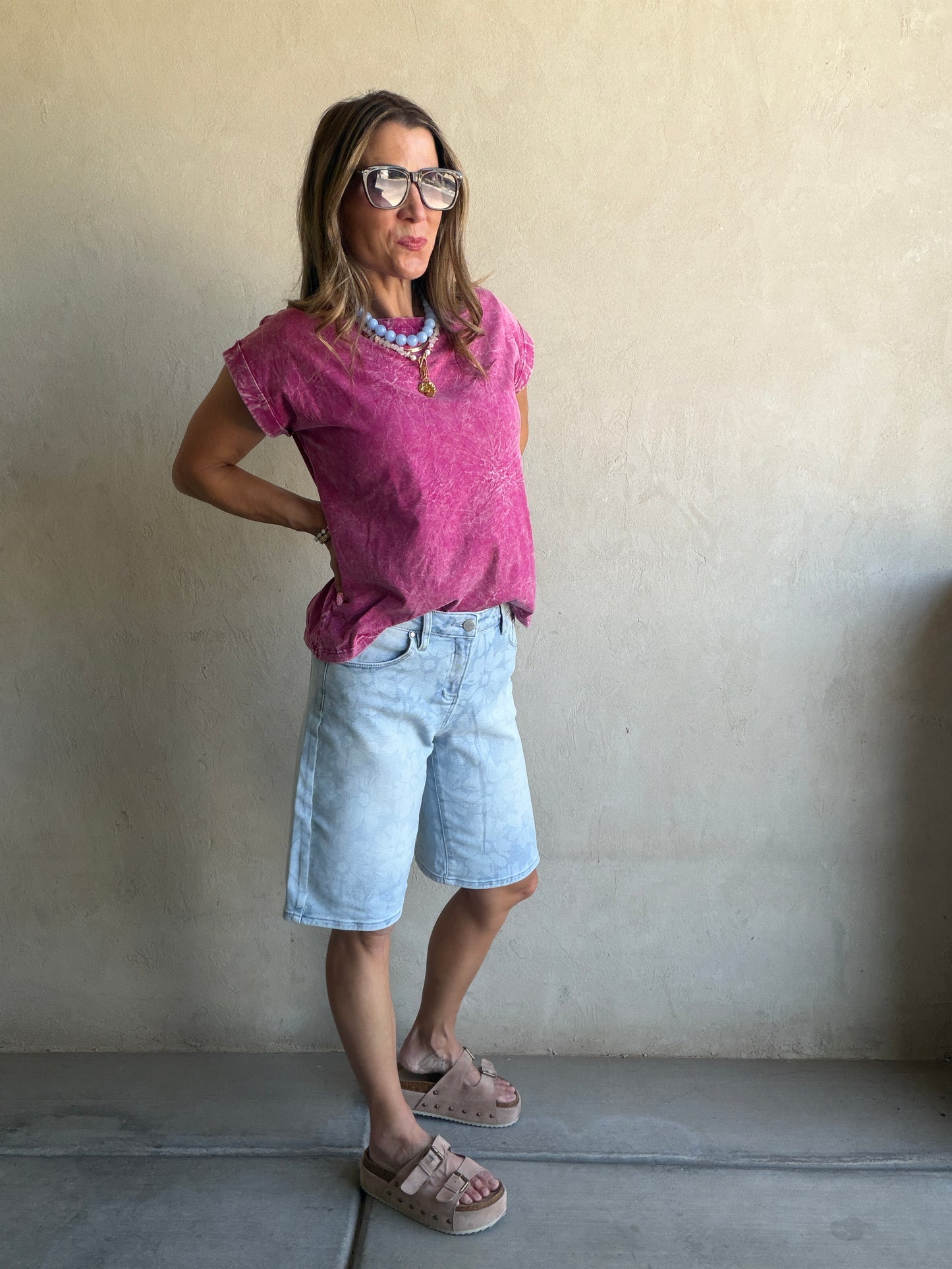Chloe Floral Bermuda Shorts in Light Wash