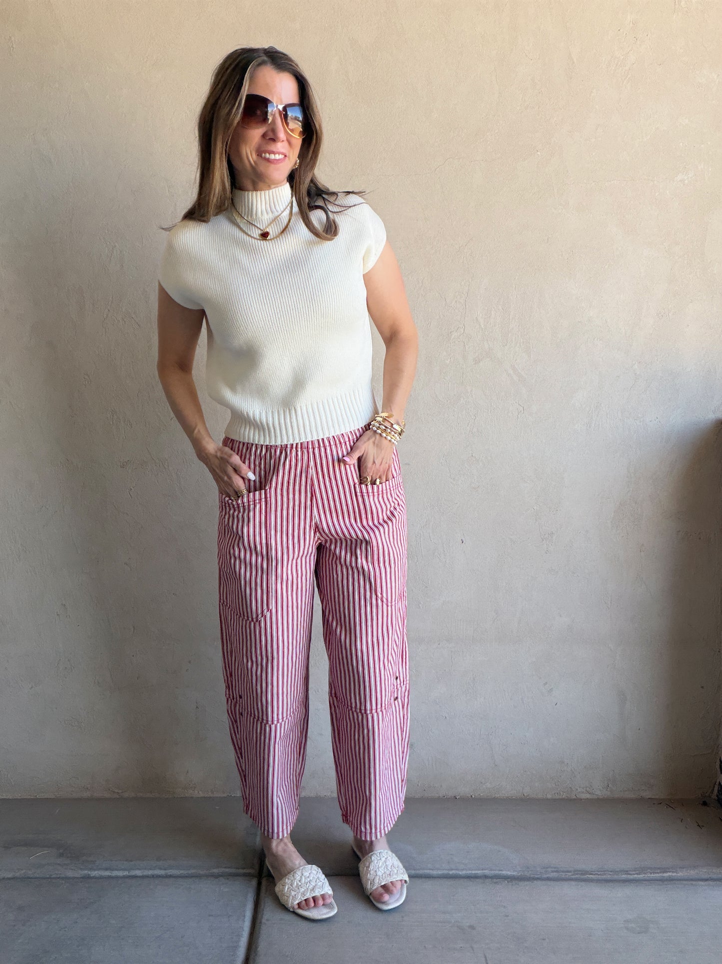 Striped Barrel Pant in Red
