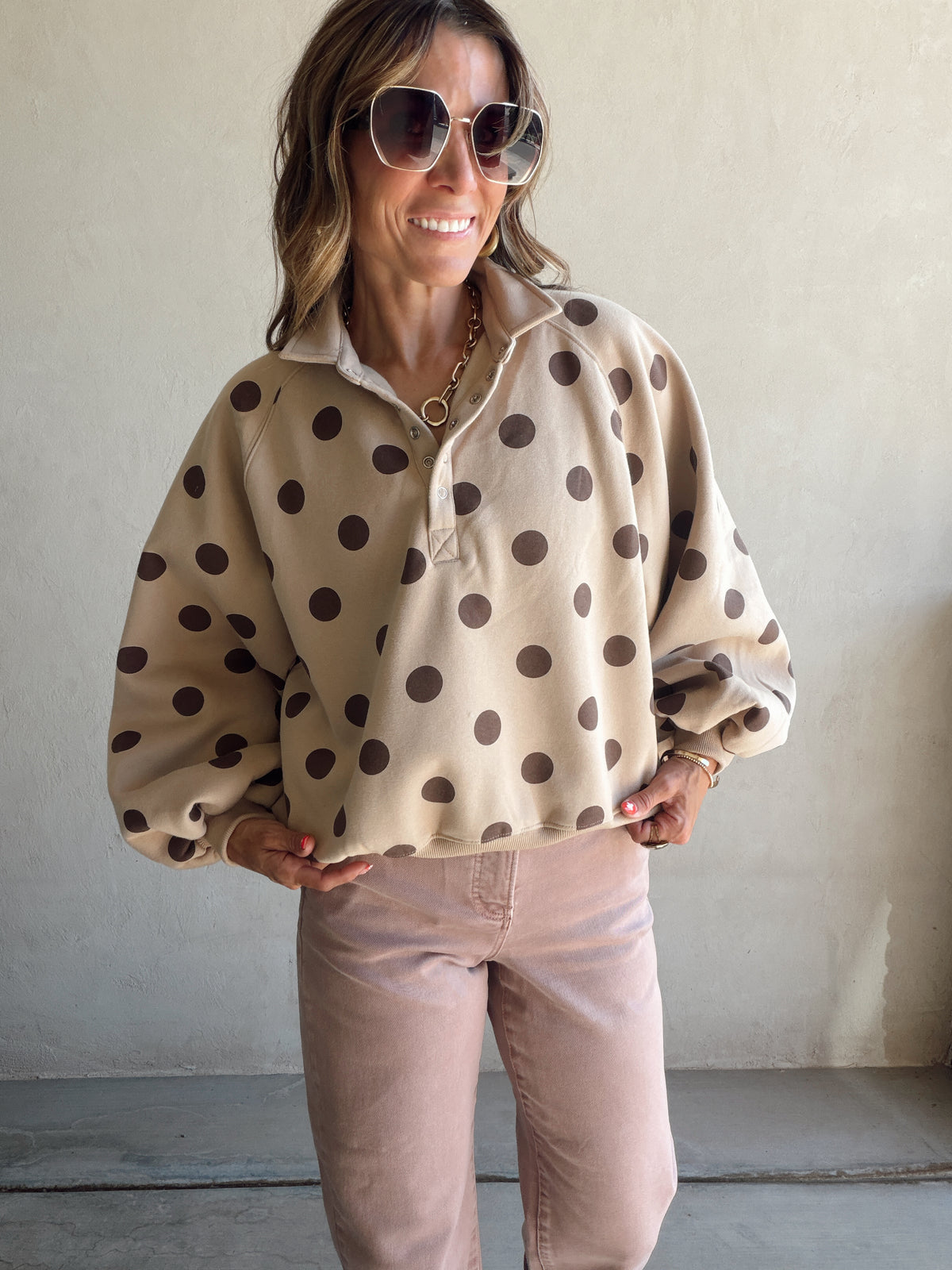 Kaylani Sweatshirt in Taupe & Chocolate Polka Dot