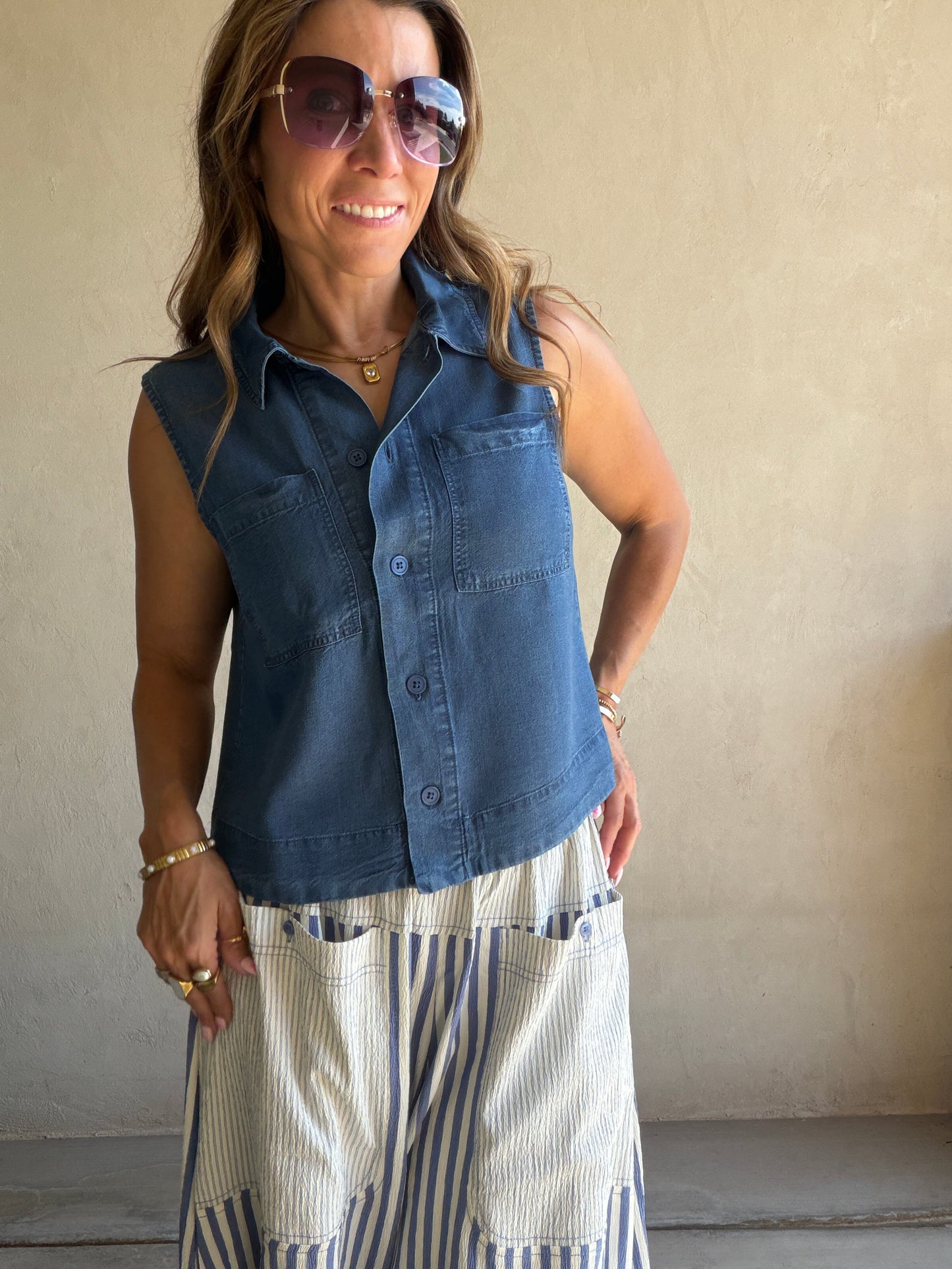 Charley Striped Parachute Pants in Blue & Cream