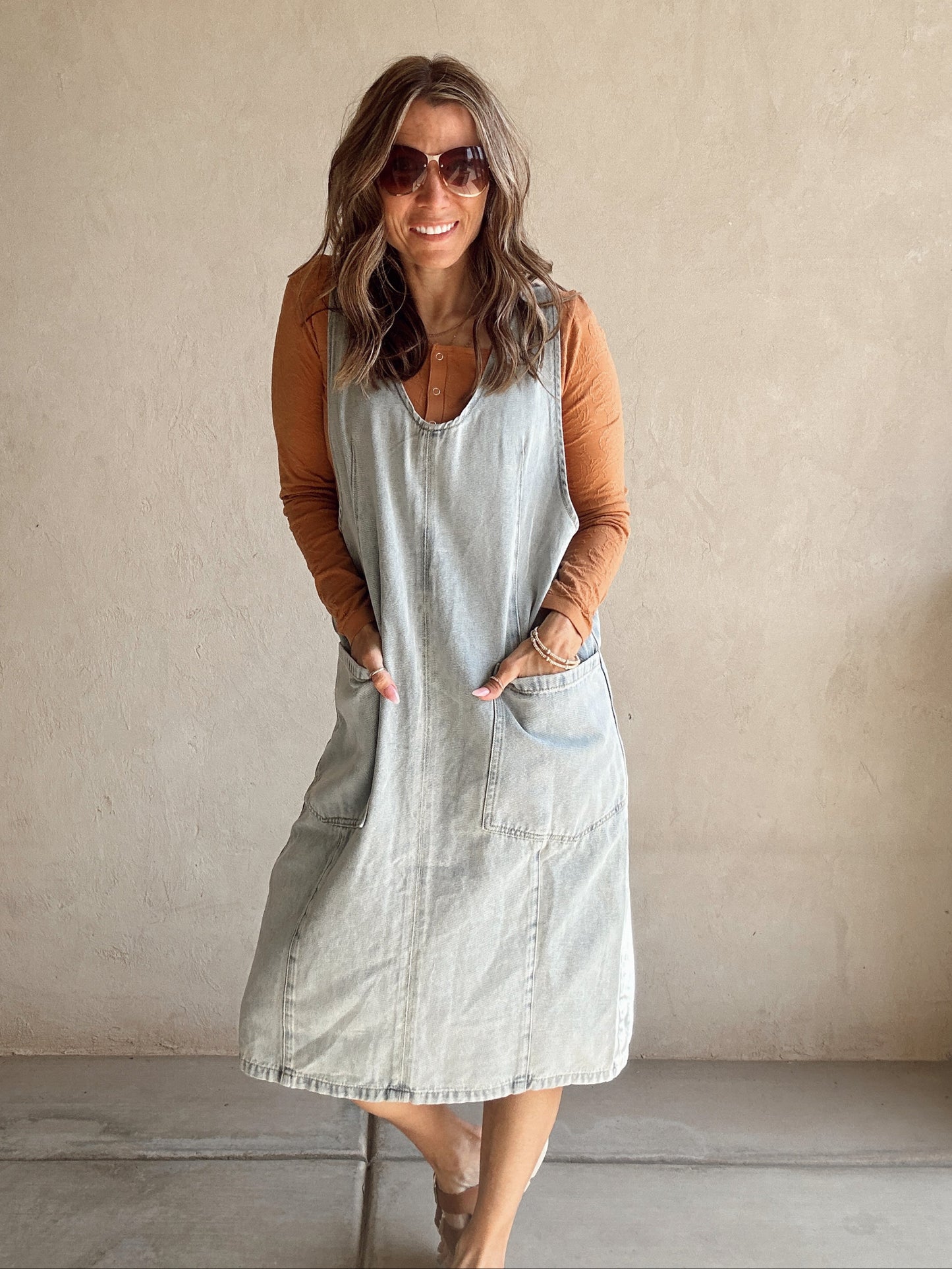 Rylee Overall Midi Dress in Light Denim