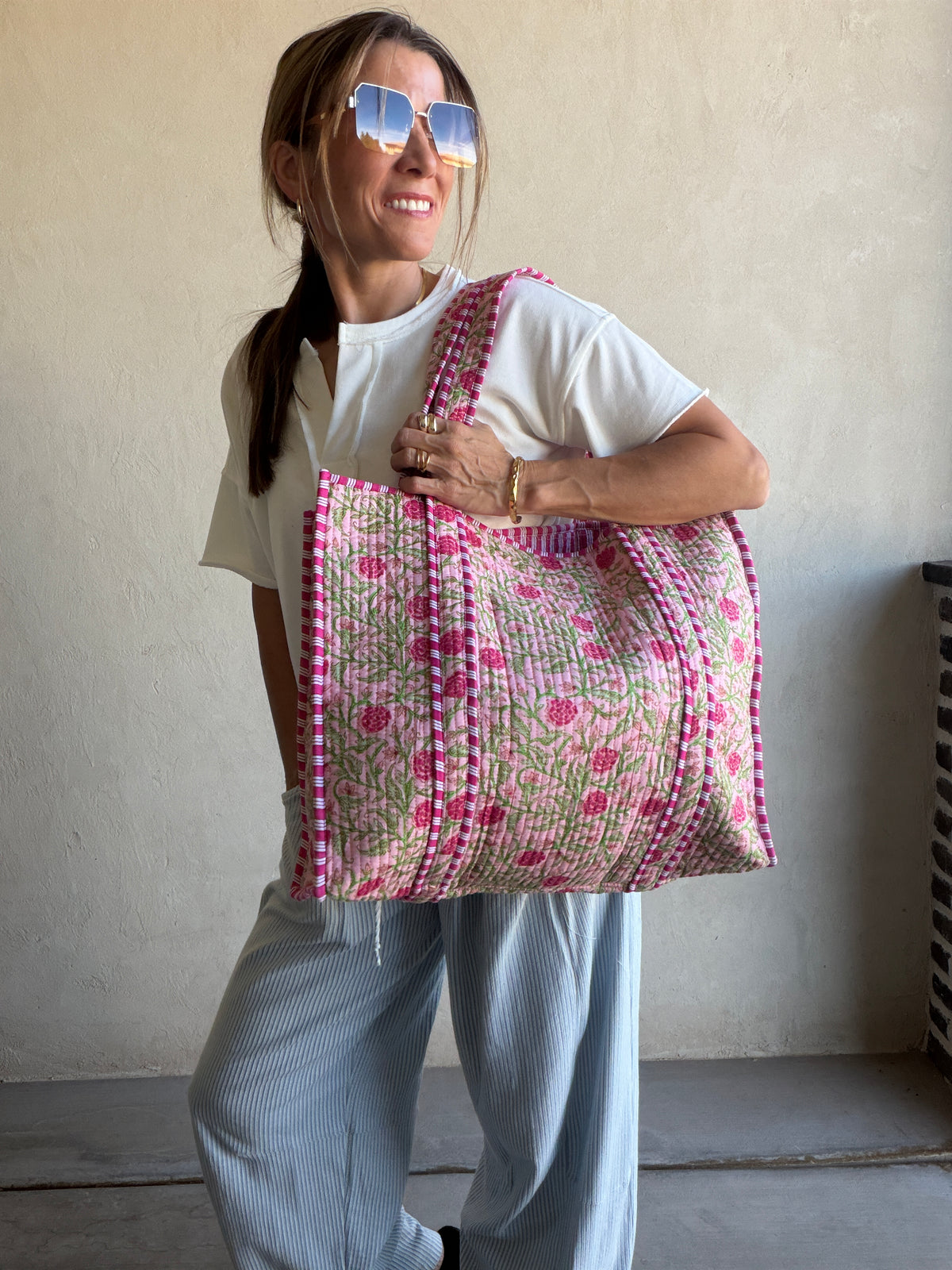 Mindee Quilted Bag – Pink, Light Pink & Green