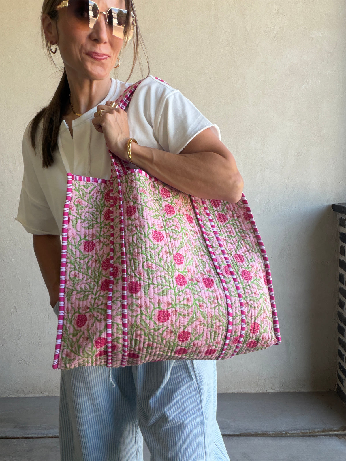 Mindee Quilted Bag – Pink, Light Pink & Green