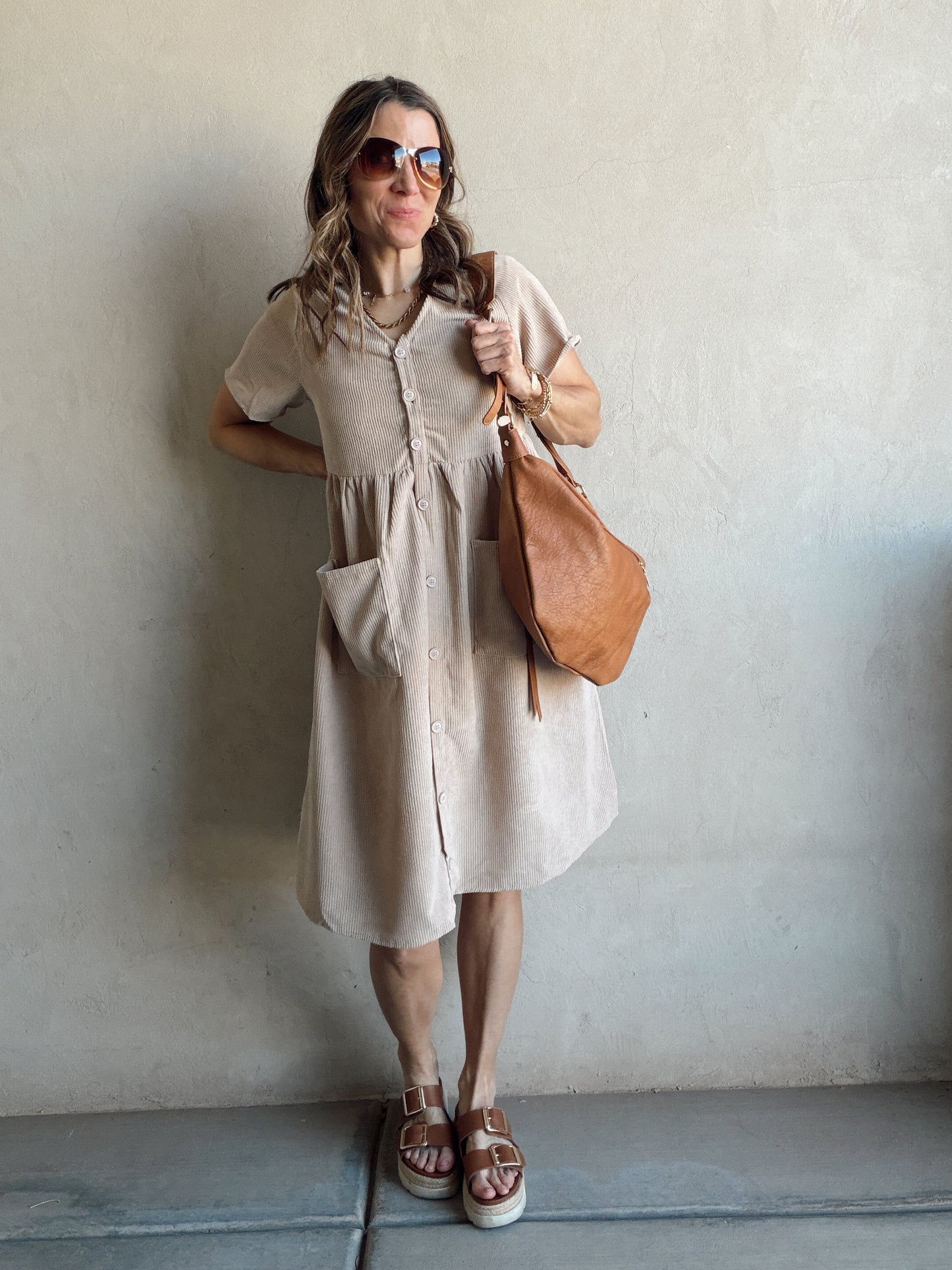 McKayla Corduroy Dress in Beige