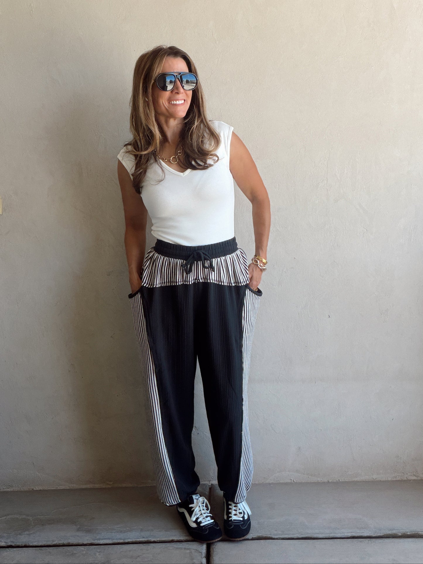 Barrel Pants in Charcoal & Stripes