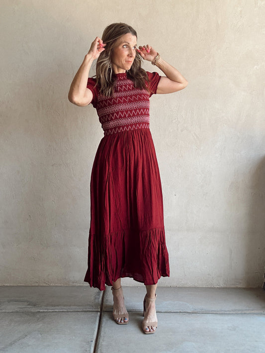 Bridget Embroidered Dress in Burgundy