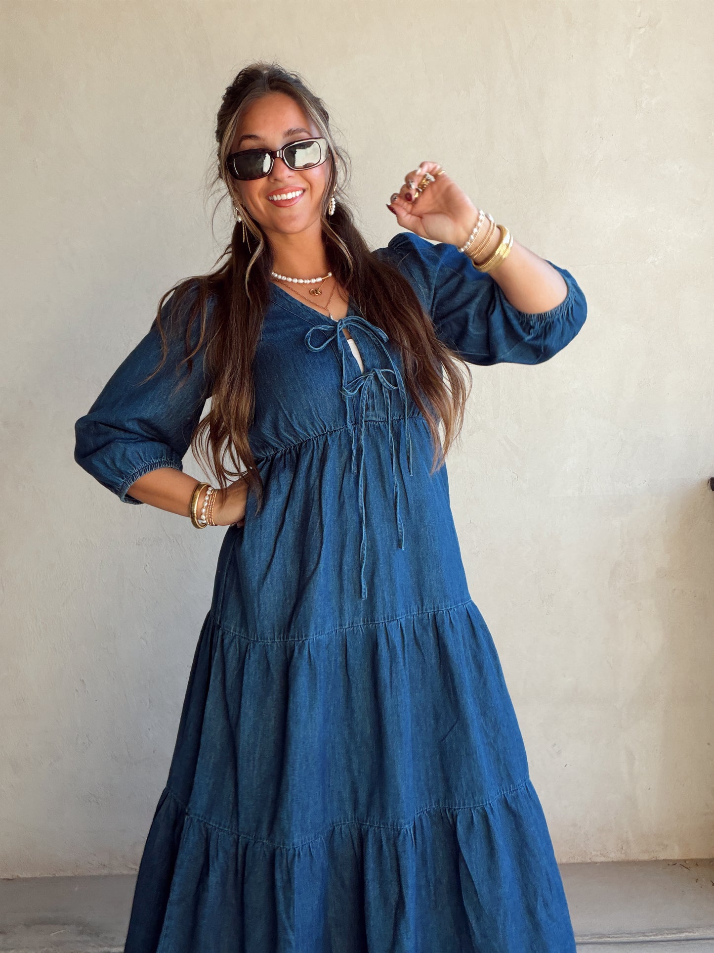 Jolee Bow Maxi Dress in Denim