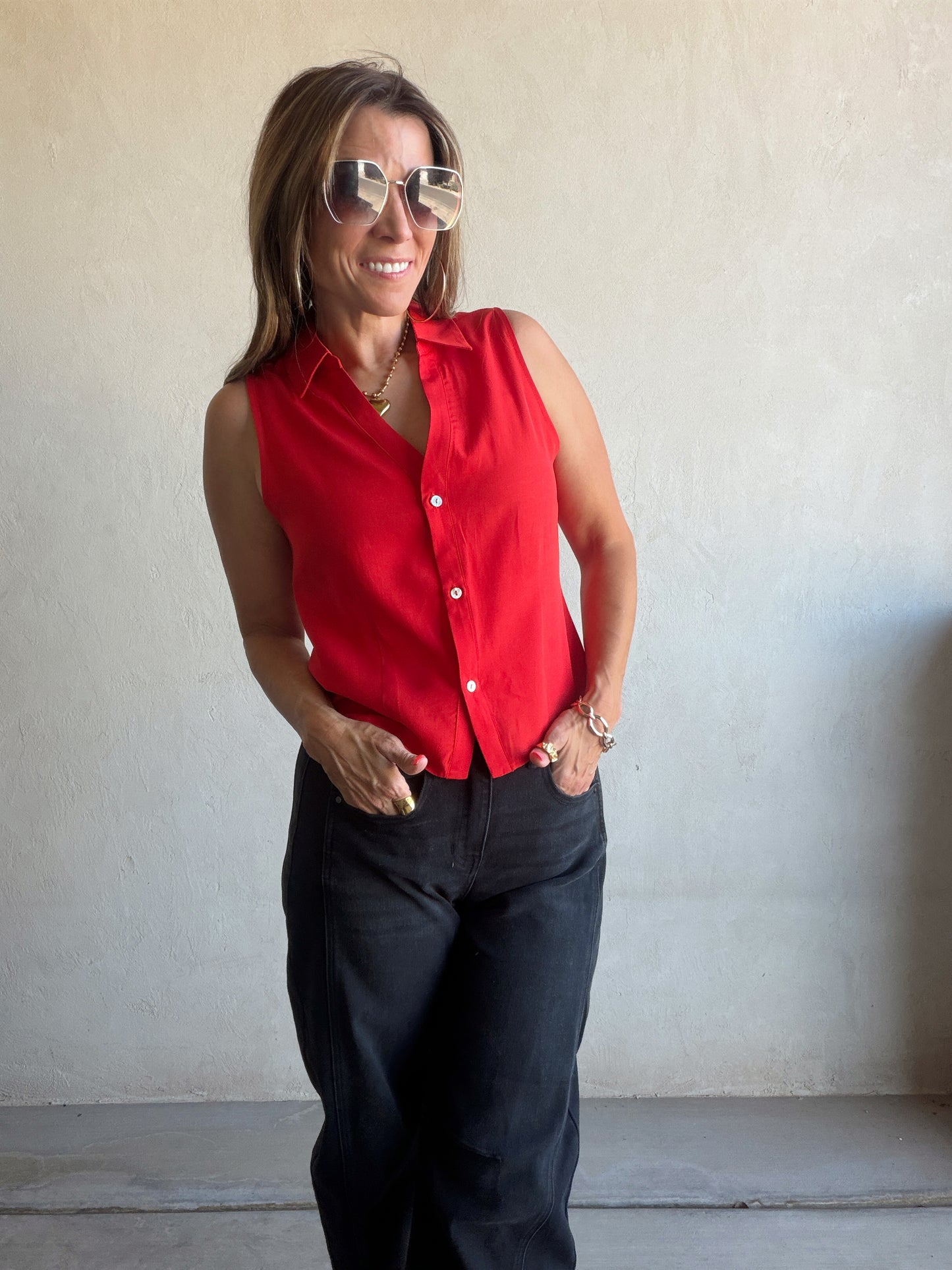 Cass Collared Tank in Red