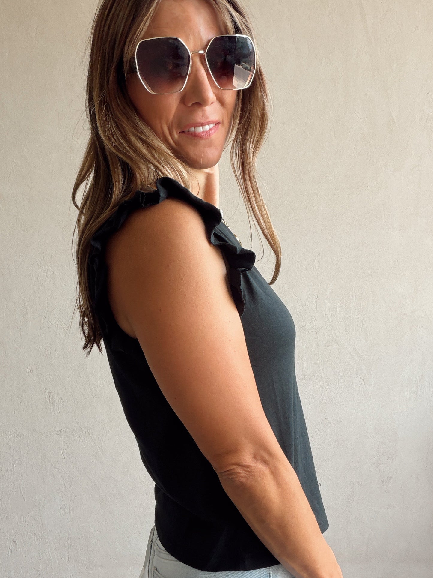 Hannah Ruffle Sleeve Tank in Black