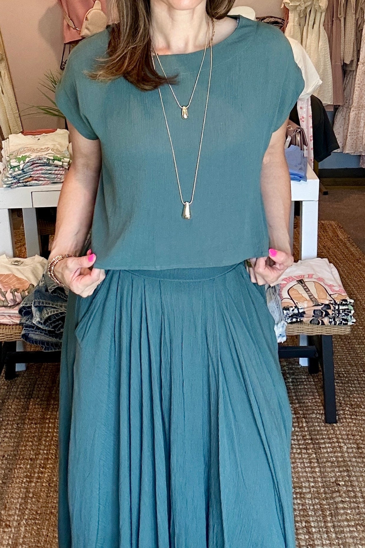 Gauze Crop and Skirt Set in Ash Jade