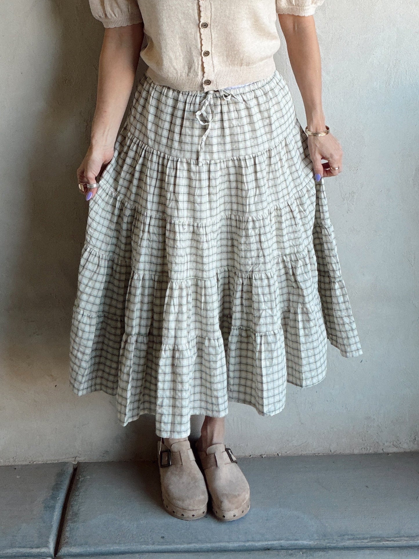 Sadie Midi Skirt in Olive, Tan & Cream