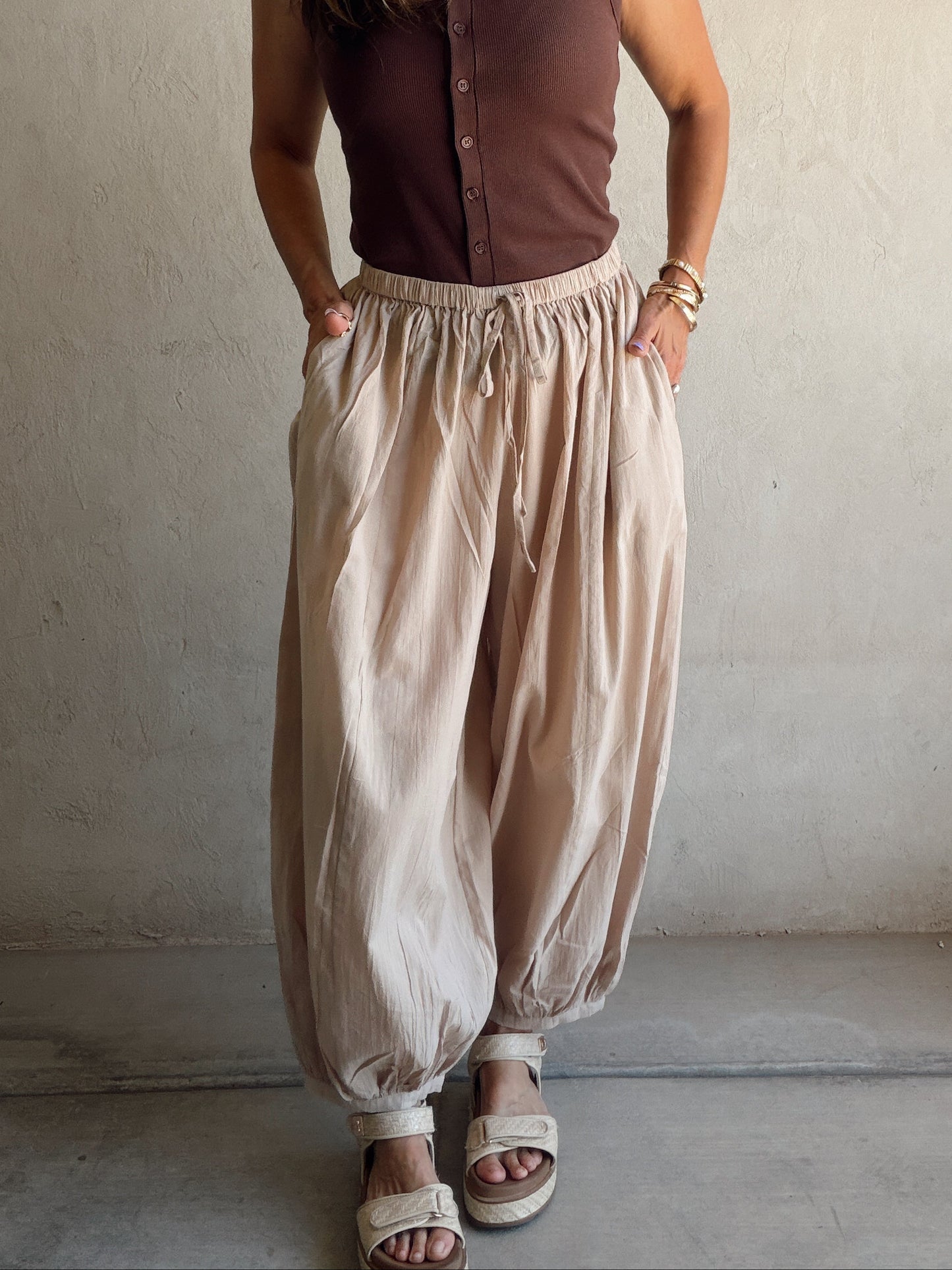 Tara Flowy Parachute Pants in Tan