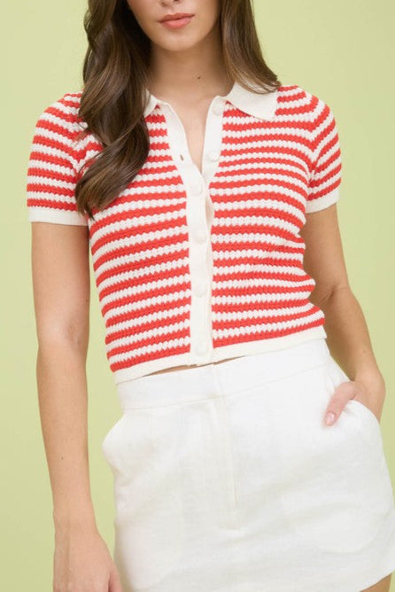 Kelly Red and Cream Collared Striped Top