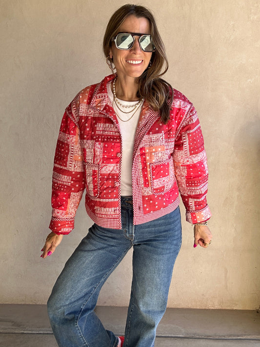 Brylee Quilted Bandana Jacket in Red