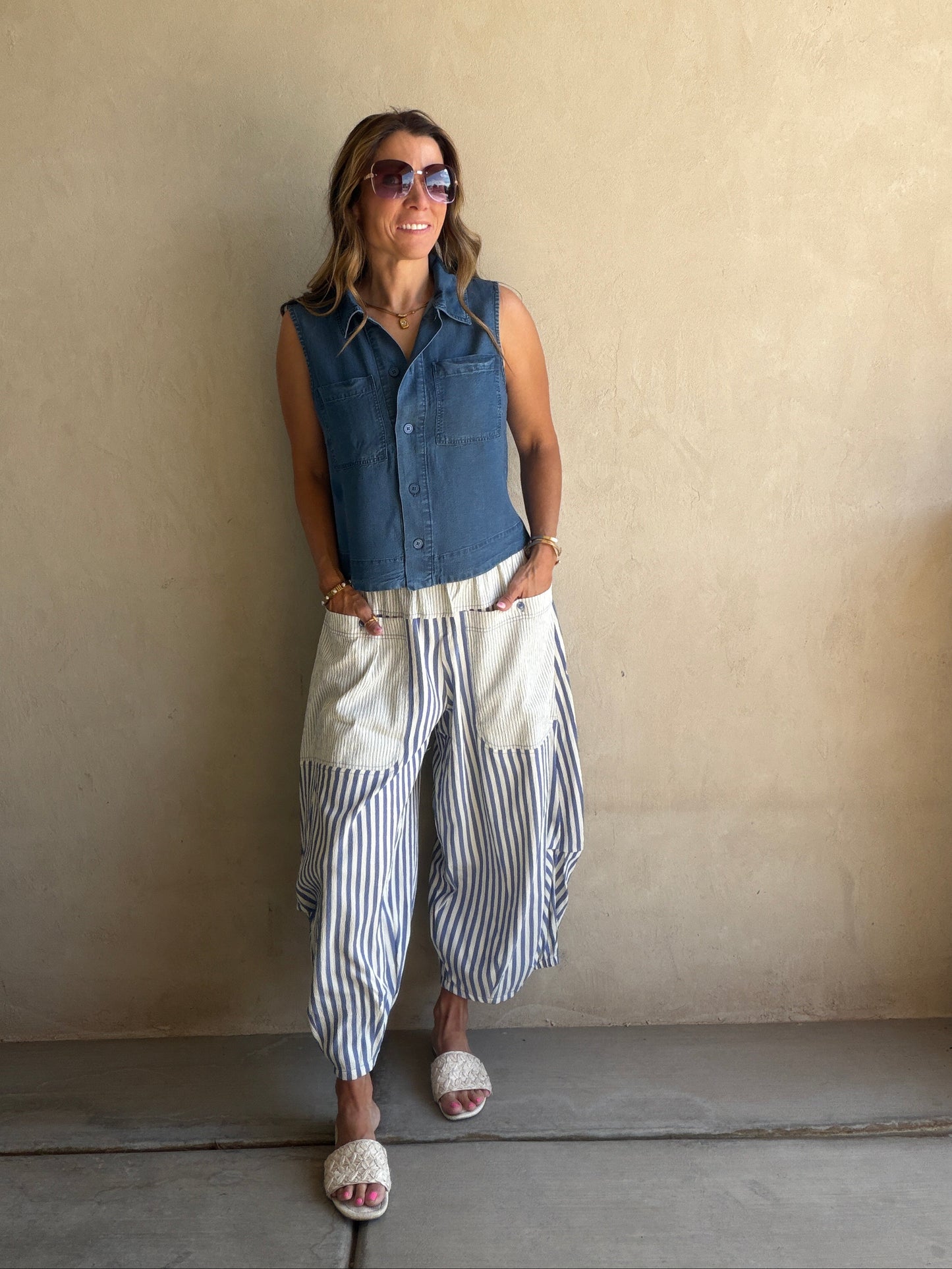 Charley Striped Parachute Pants in Blue & Cream