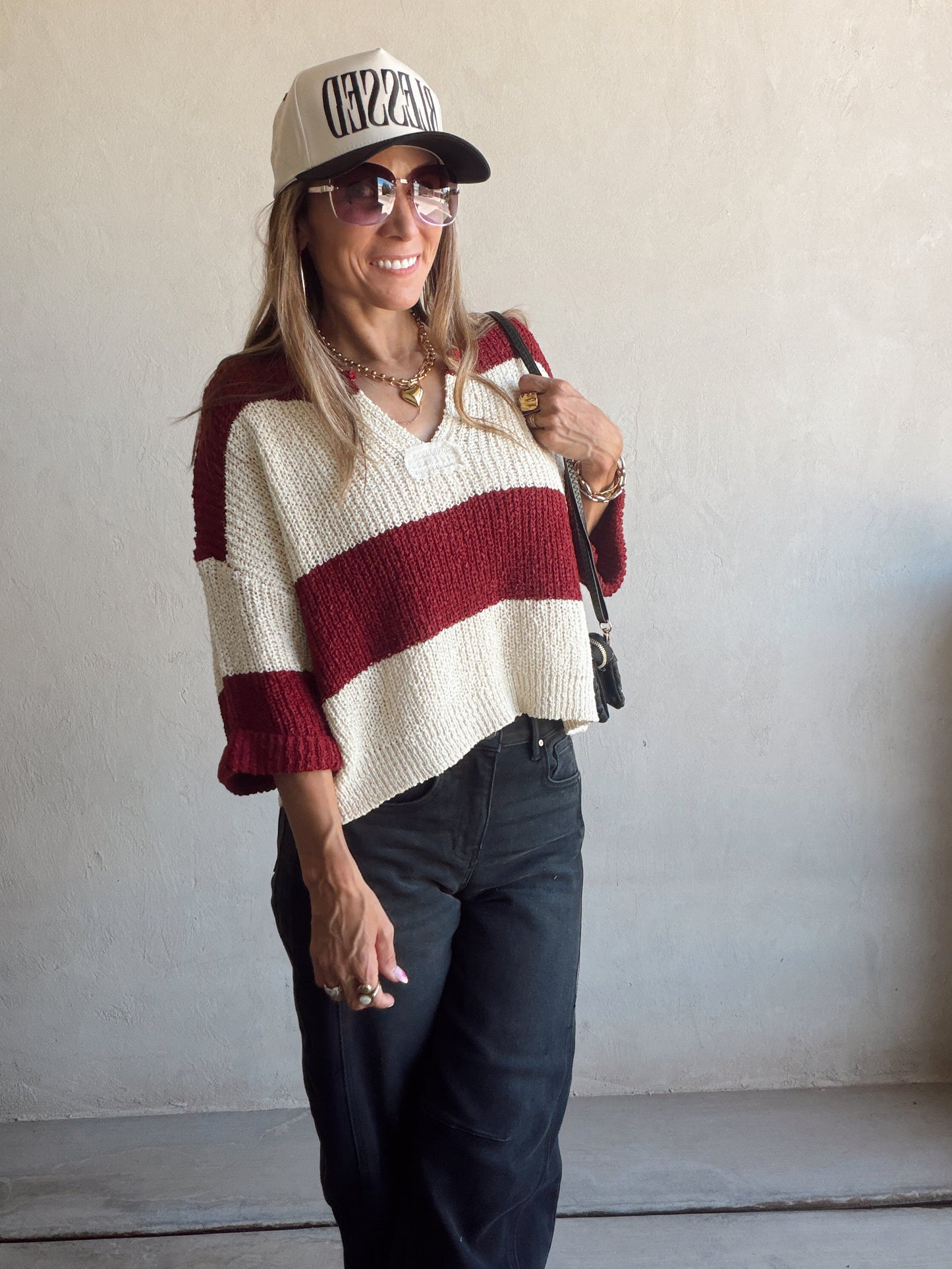 Christy V-Neck Top in Cabernet & Cream
