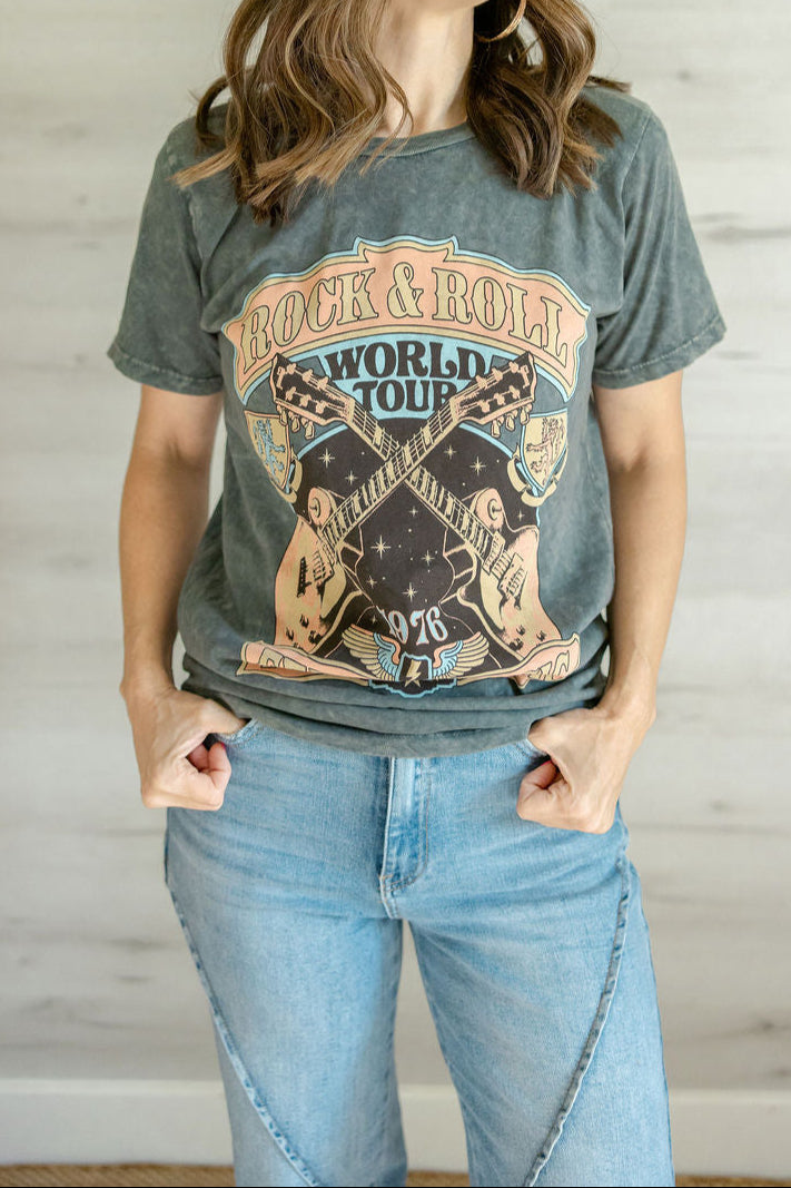 Rock and Roll World Tour Tee in Acid Wash Gray