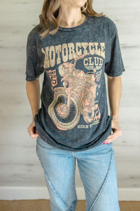 Motorcycle Club Tee in Black Vintage Mineral Wash