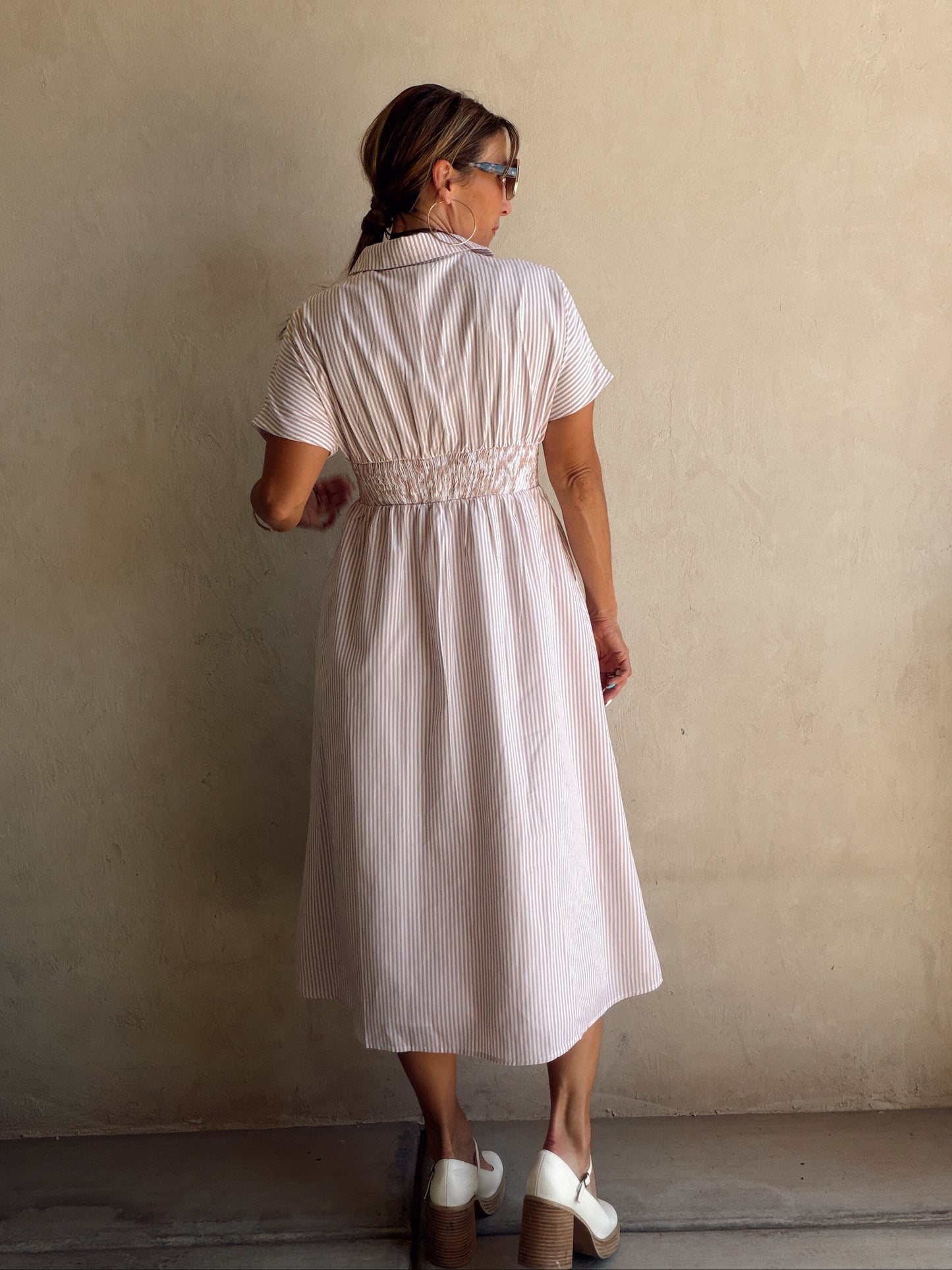 Sherri Striped Dress in Taupe & White