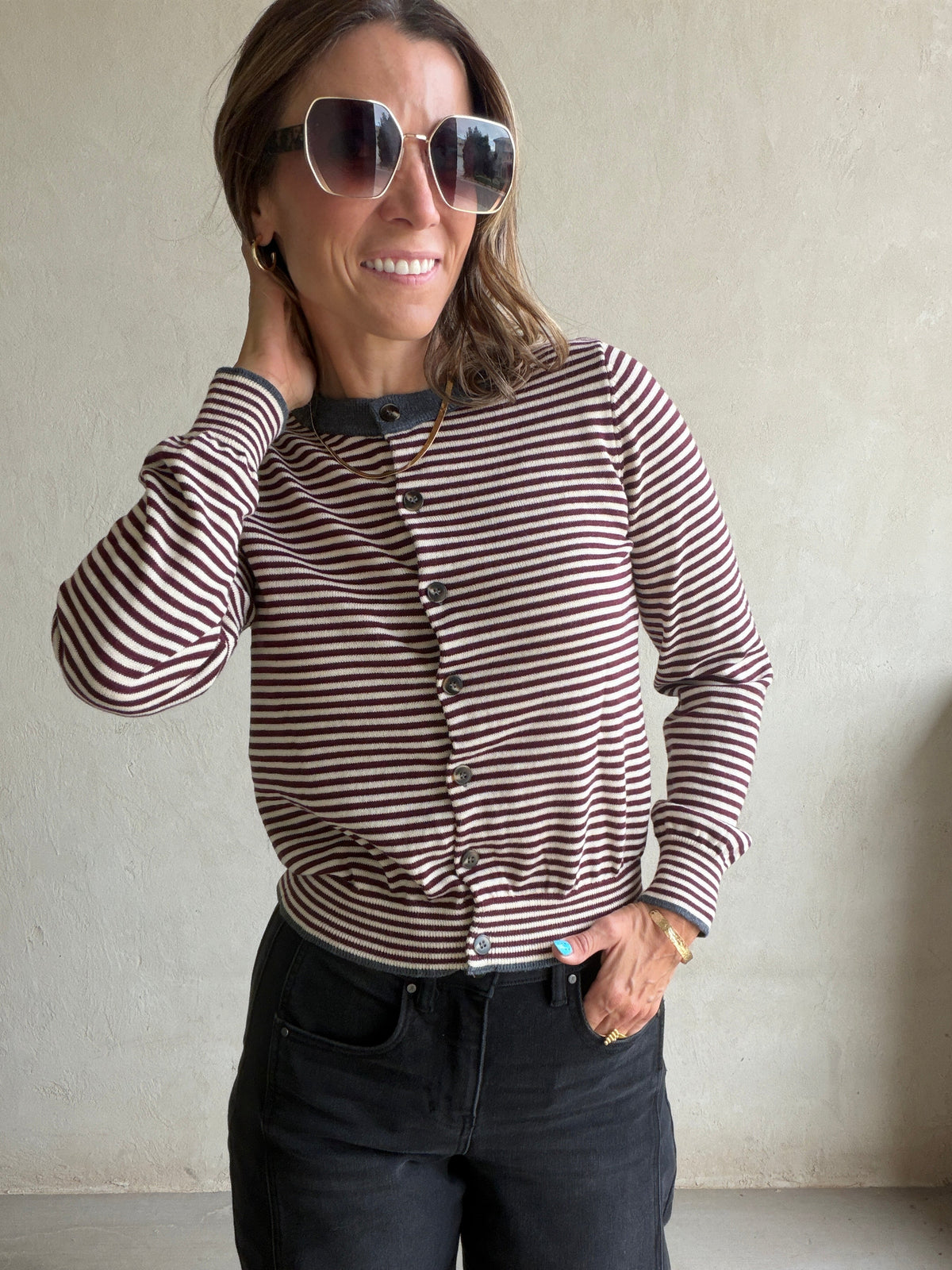 Adrianne Cardigan in Burgundy Stripe