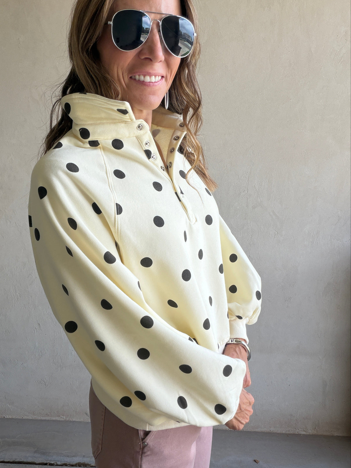 Kaylani Sweatshirt in Soft Yellow & Dark Brown Polka Dot