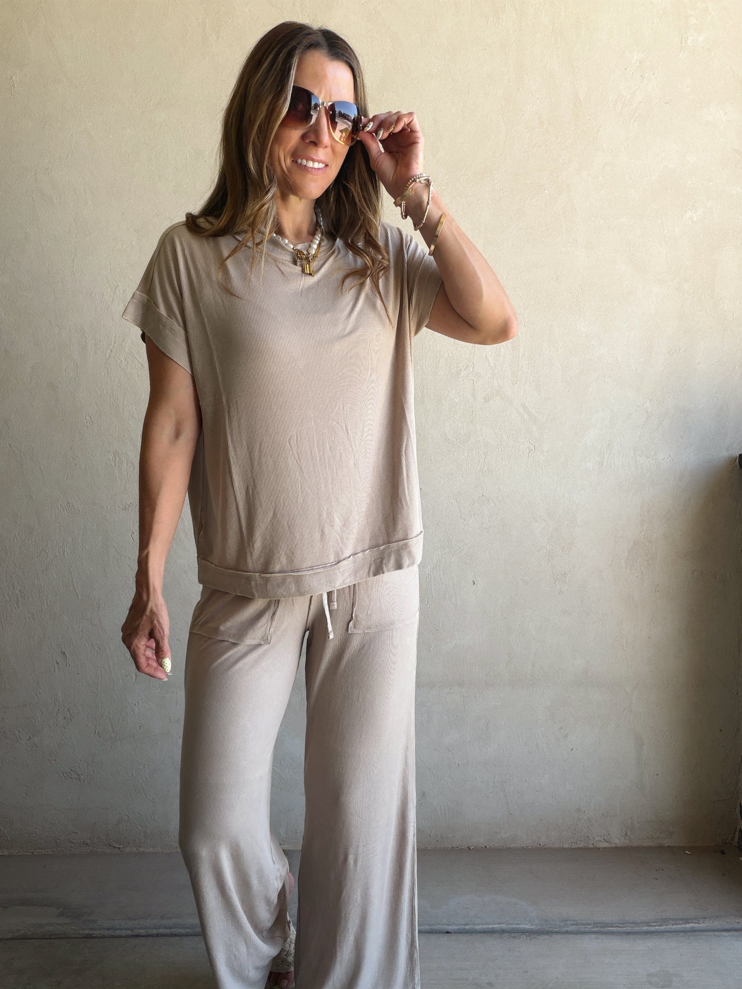 Raelyn Ribbed Mineral Washed Set in Taupe