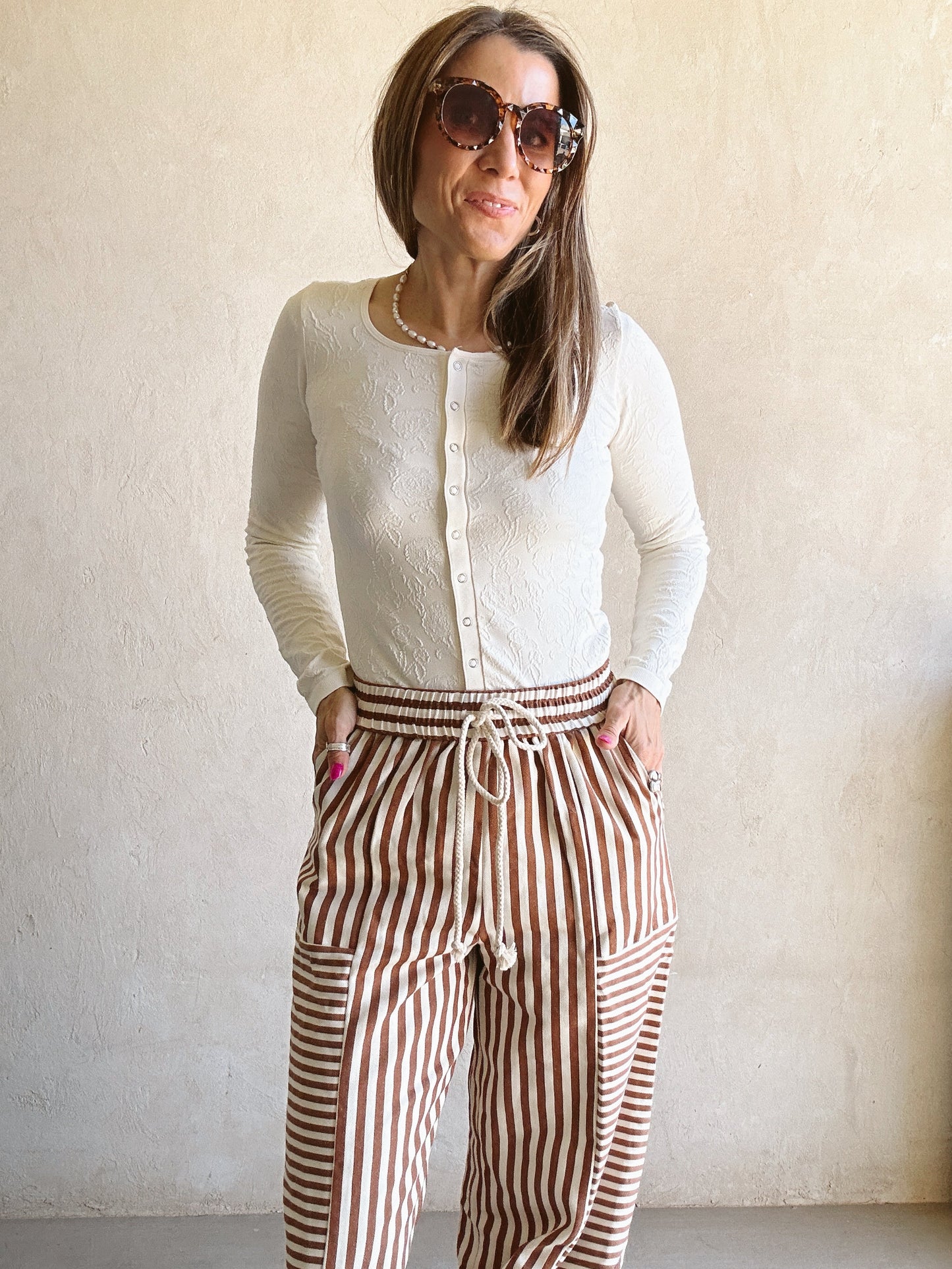Ella Parachute Striped Pants in Pecan & Ivory
