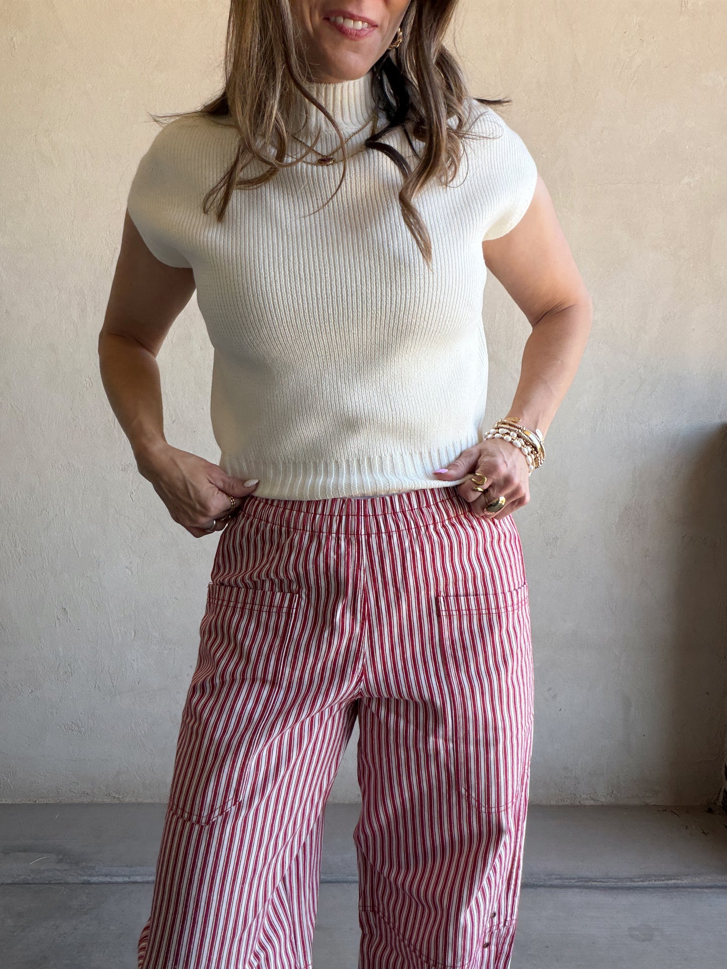 Striped Barrel Pant in Red
