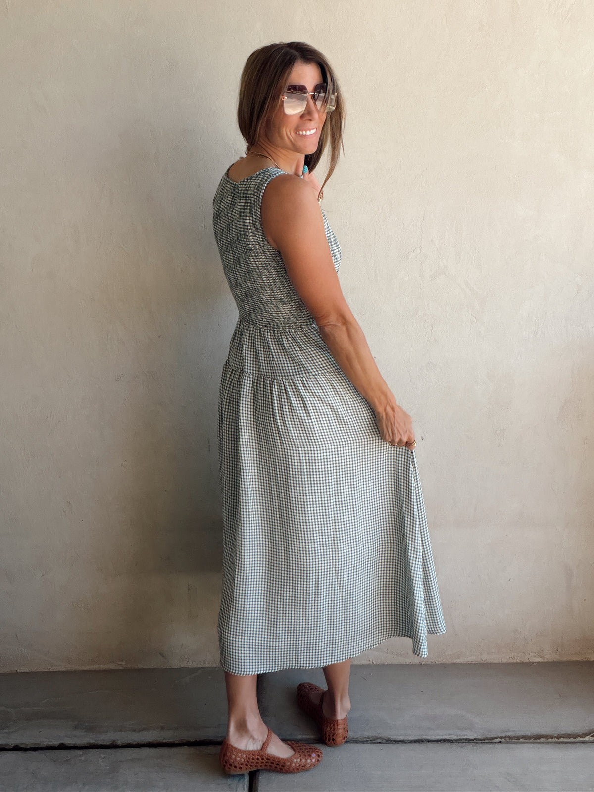 Denise Dress in Gingham Dress in Evergreen & Cream