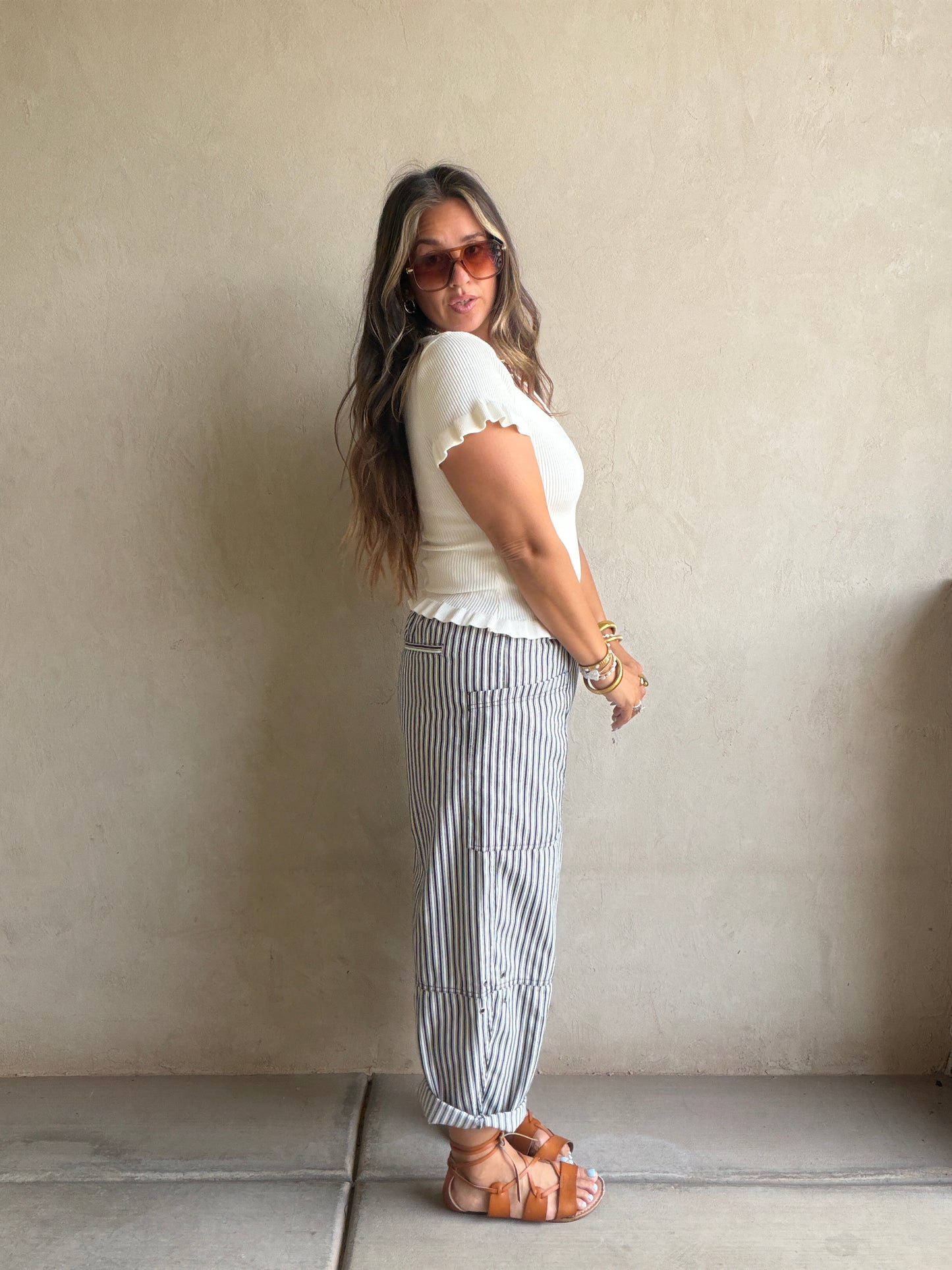 Striped Barrel Pant in Navy