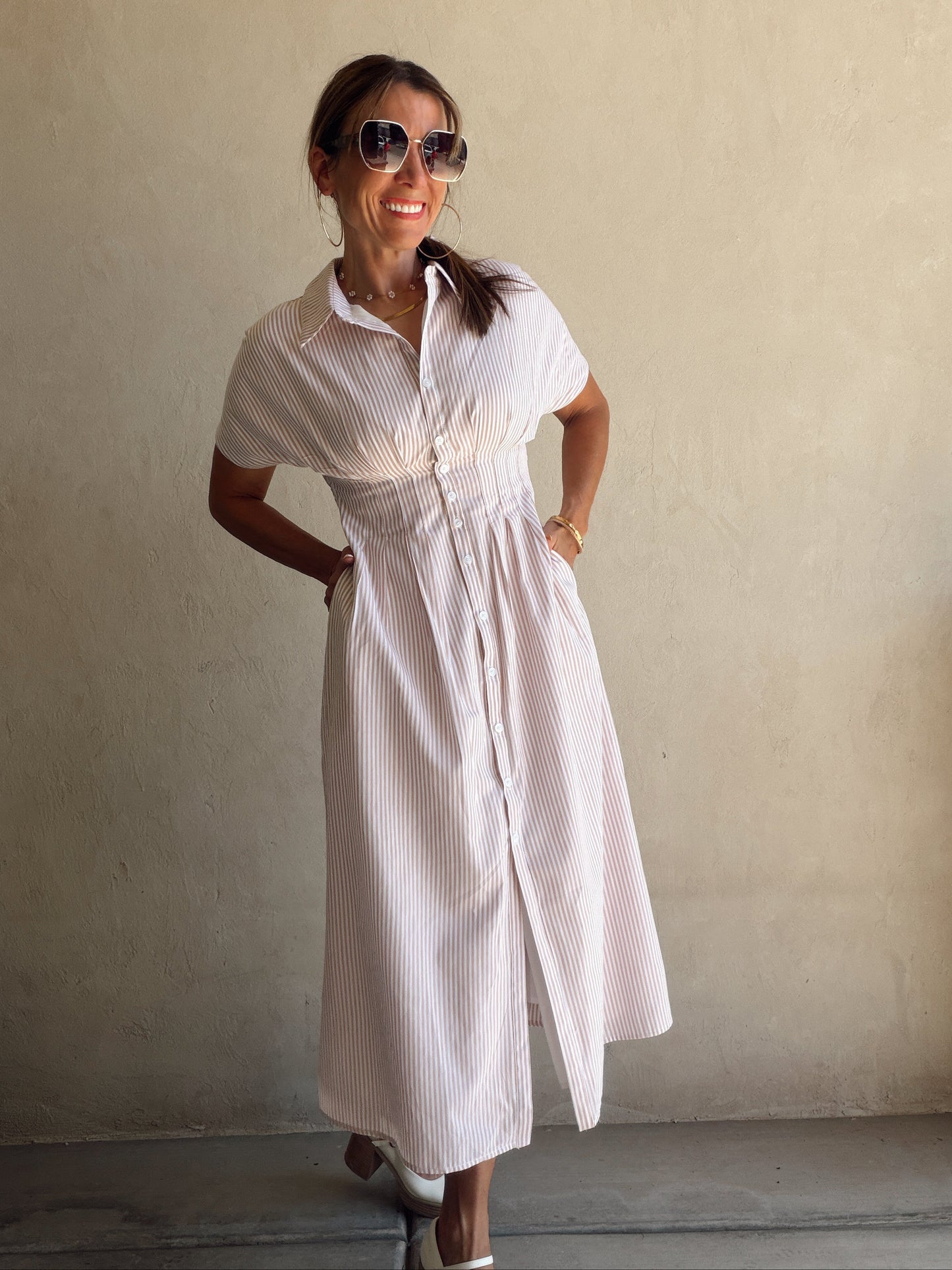 Sherri Striped Dress in Taupe & White