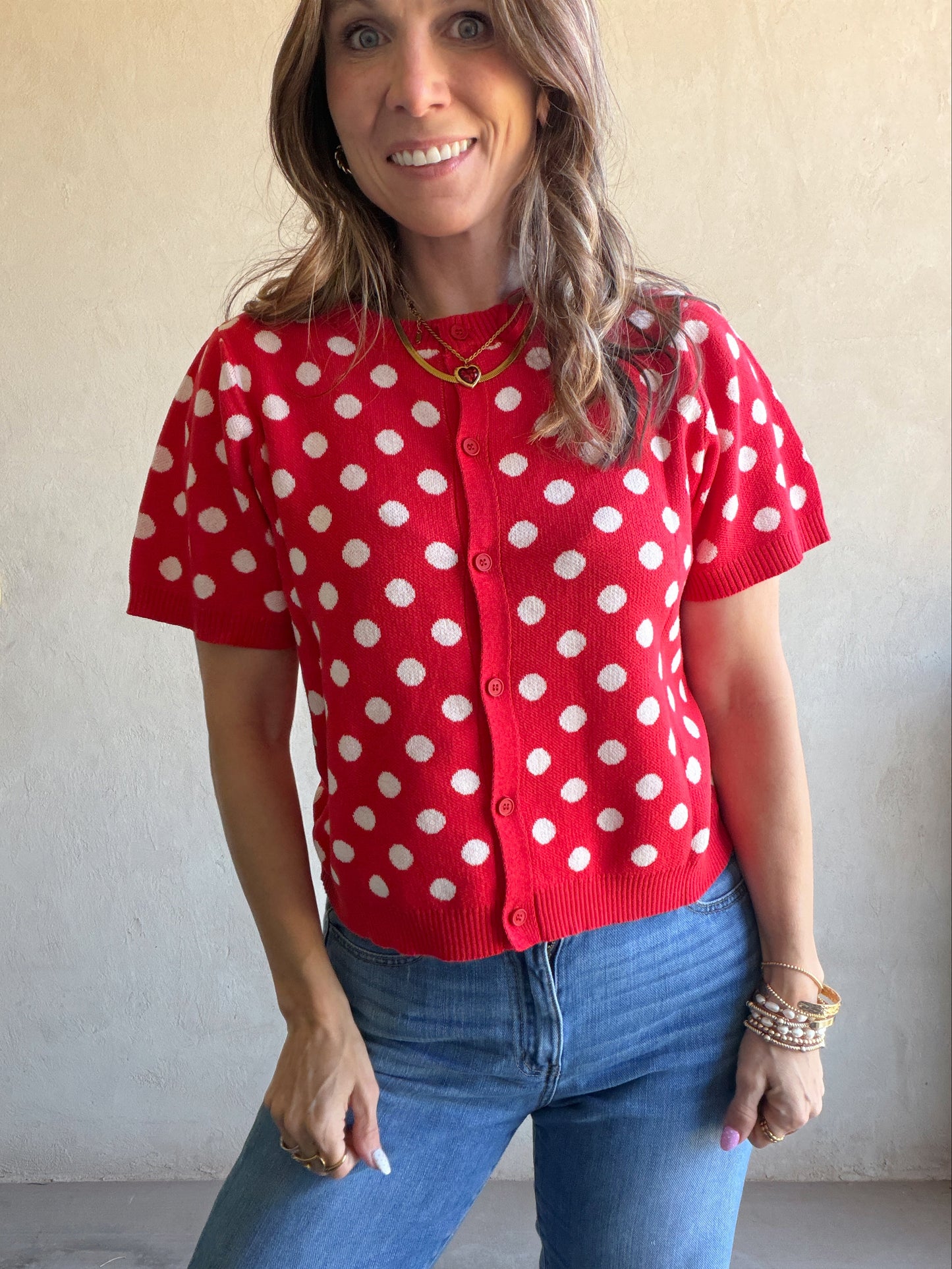 Polka Dot Cardigan in Red & Ivory