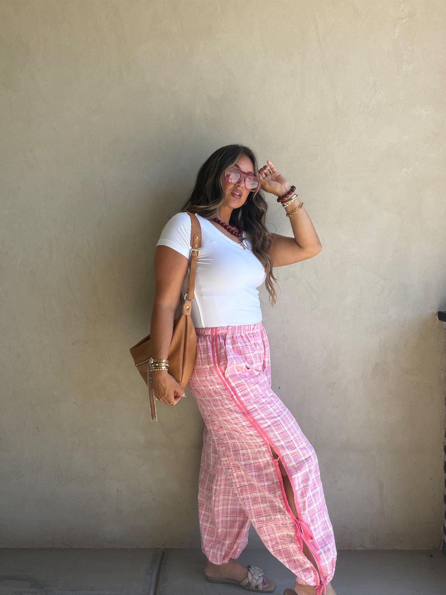 Christine Parachute Pants in Pink Plaid