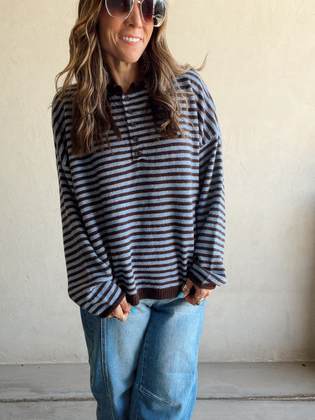 Hanna Henley Sweater in Blue & Chocolate