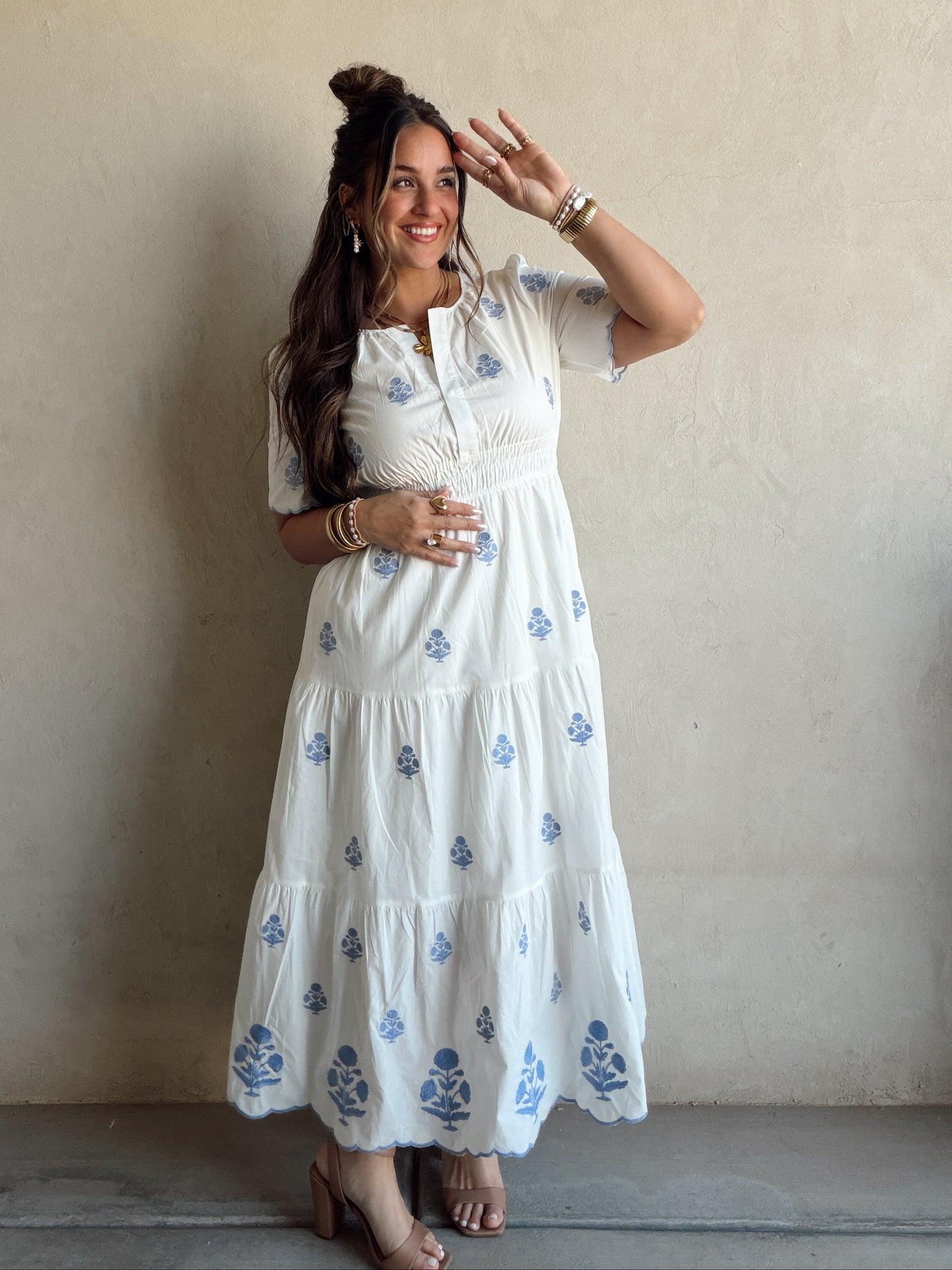 Perry Floral Dress in White & Blue