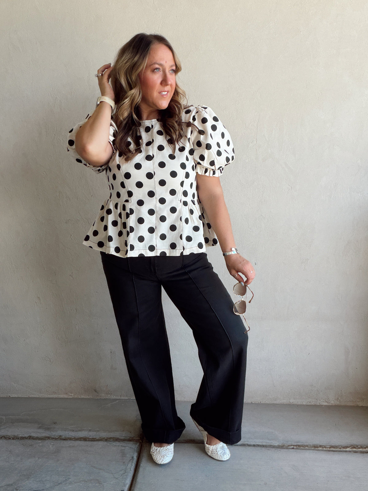Barb Polka Dot top in Natural & Black