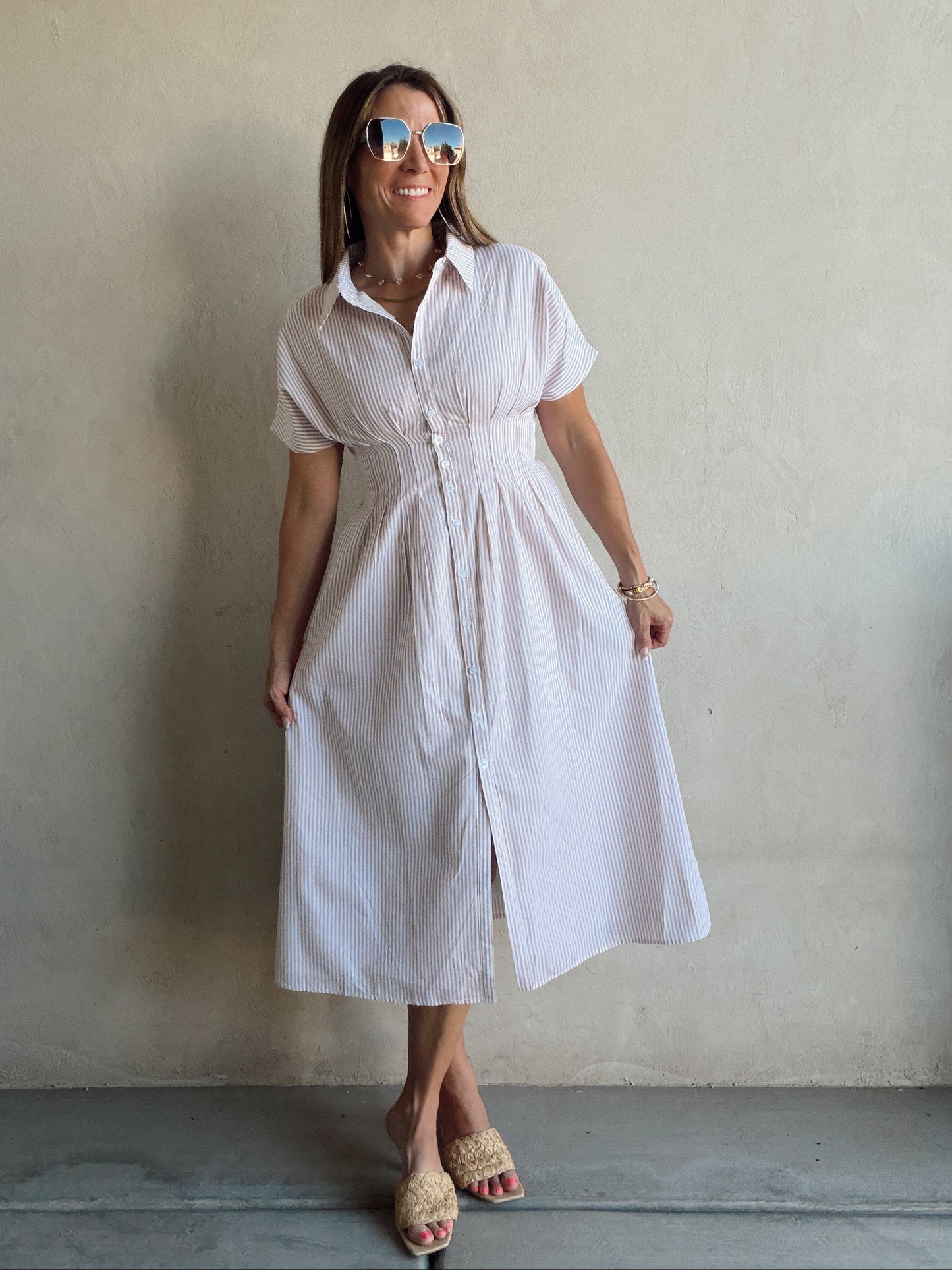 Sherri Striped Dress in Taupe & White