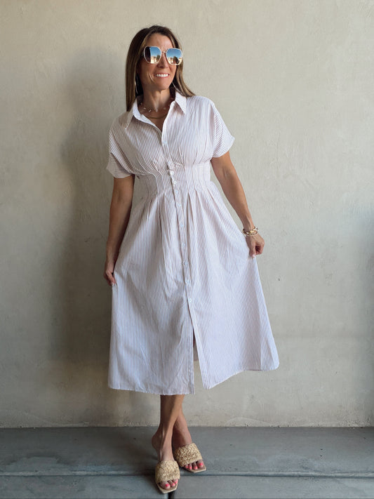 Sherri Striped Dress in Taupe & White