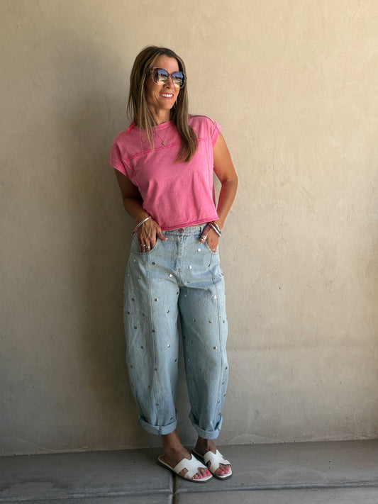 Lydia Light Wash Studded Barrel Jeans