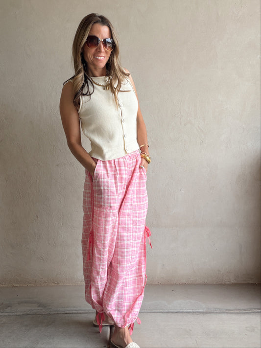 Christine Parachute Pants in Pink Plaid
