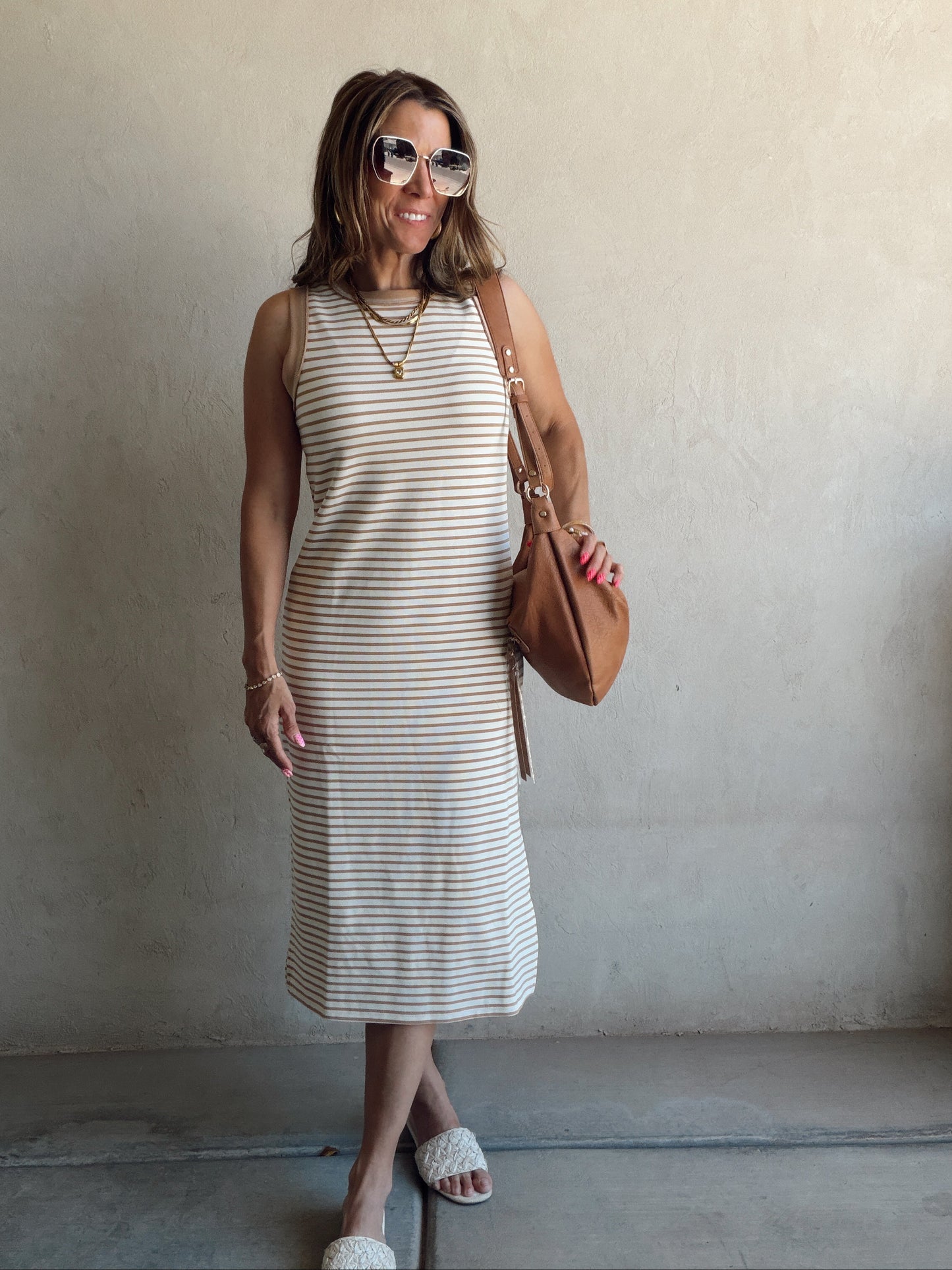 Iris Dress in Camel & Cream