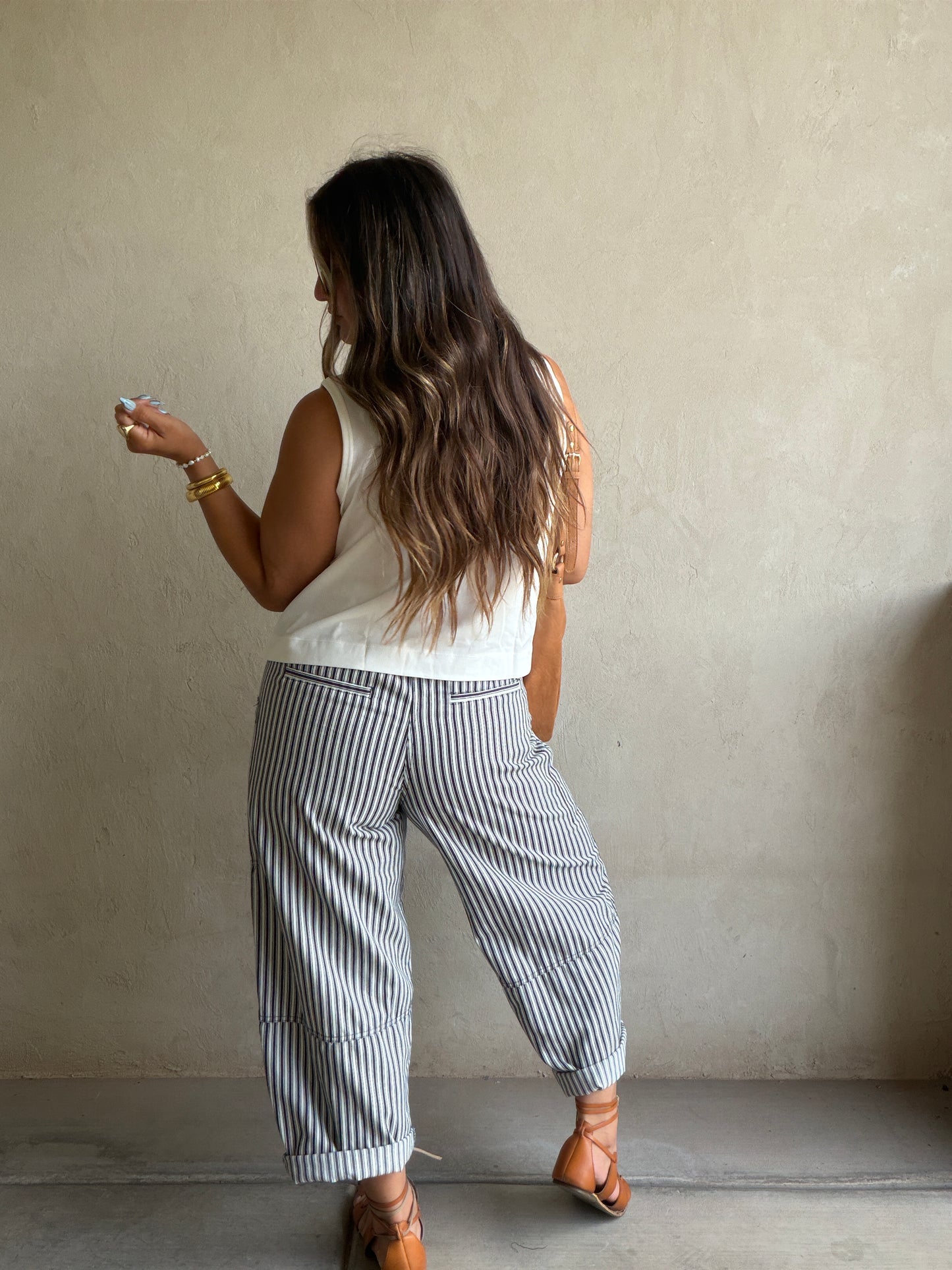 Striped Barrel Pant in Navy