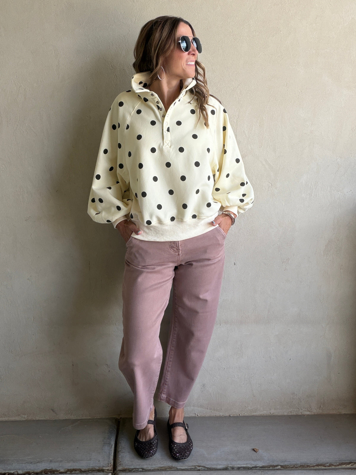 Kaylani Sweatshirt in Soft Yellow & Dark Brown Polka Dot