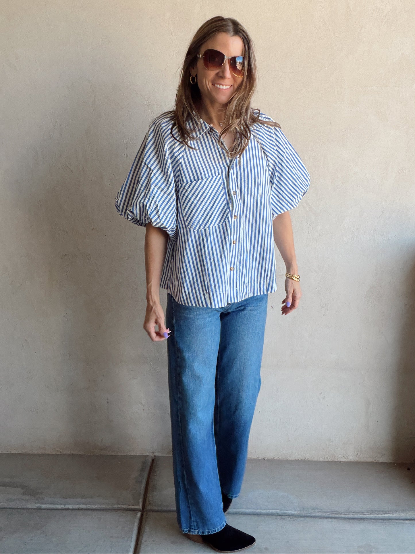 Jess Button Up Top in Blue Stripe