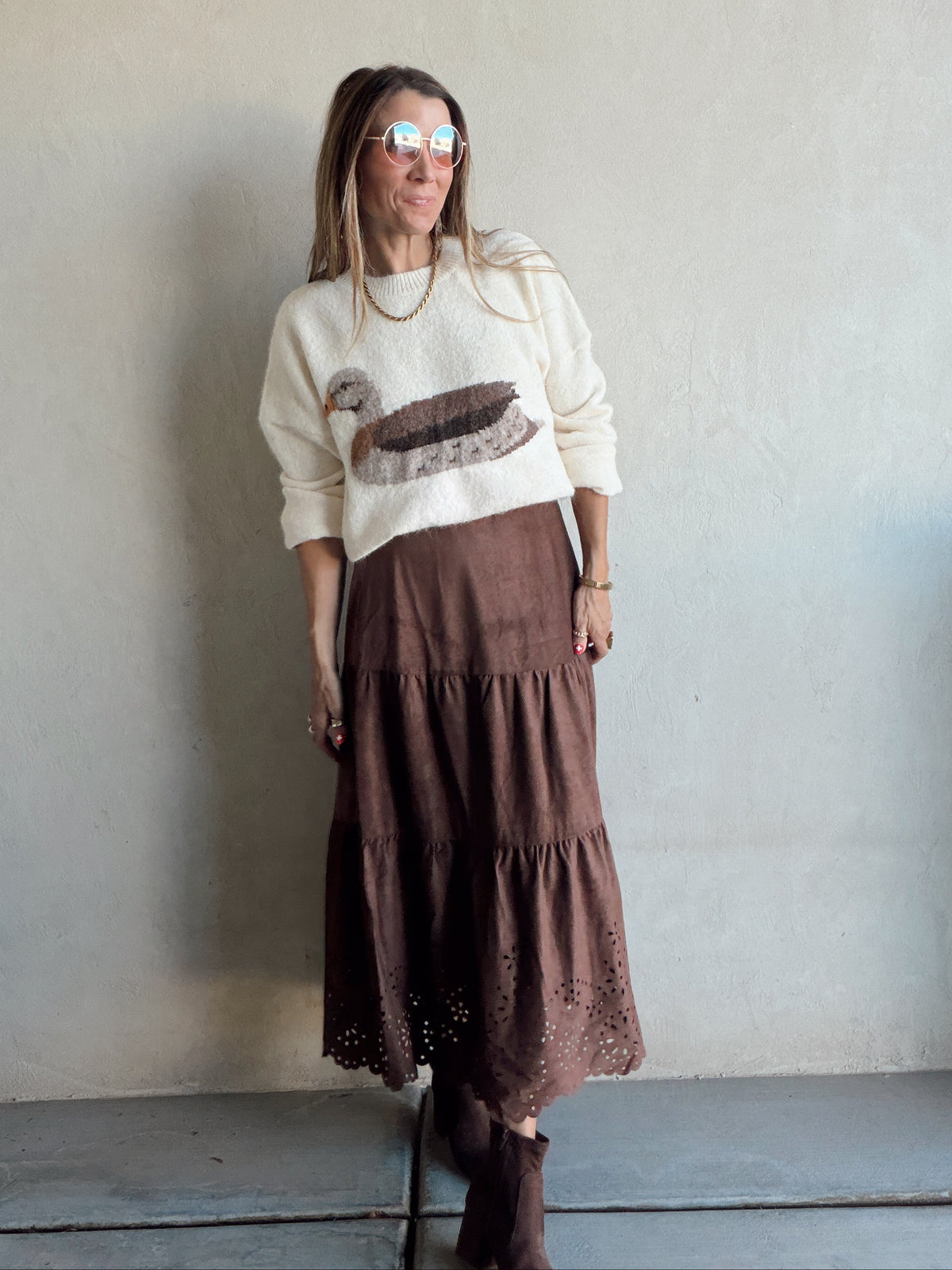Sophie Suede Eyelet Skirt in Chocolate