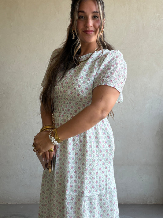 Sunday Floral Dress in Green, Pink & Ivory