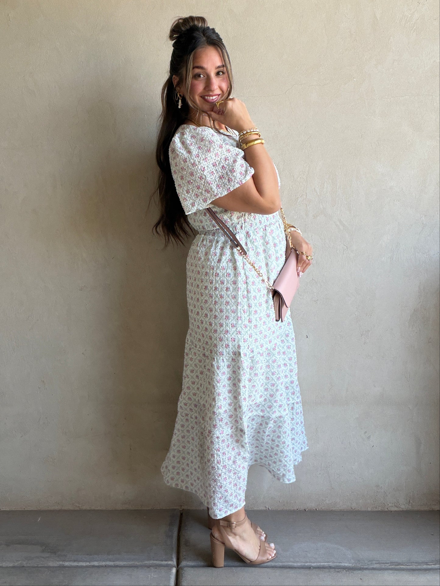 Sunday Floral Dress in Green, Pink & Ivory