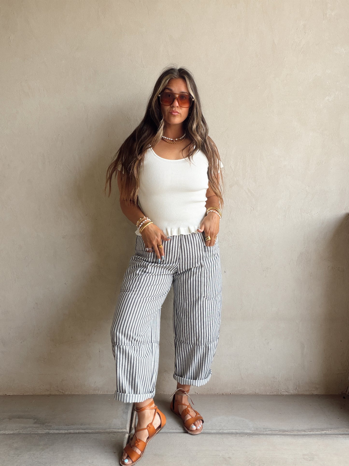 Rilee Ribbed White Scoop Neck Top in Ivory
