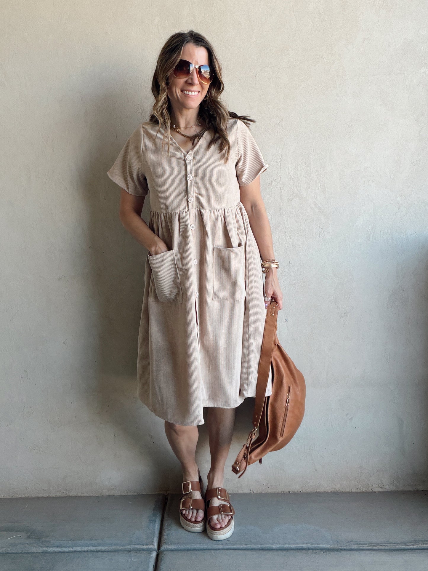 McKayla Corduroy Dress in Beige