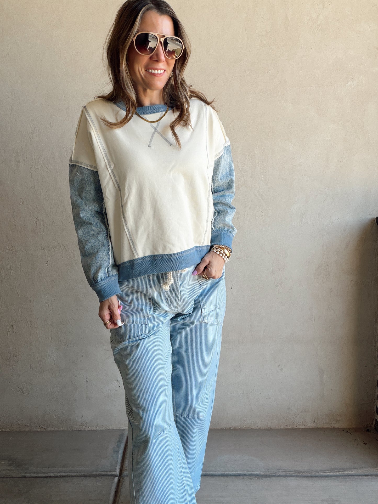 Jamie Pullover in Cream & Denim